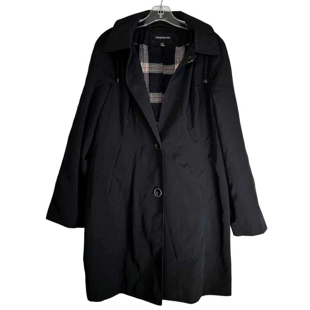 London Fog Black Hooded Trench Coat Plaid Lining Size M RN121545